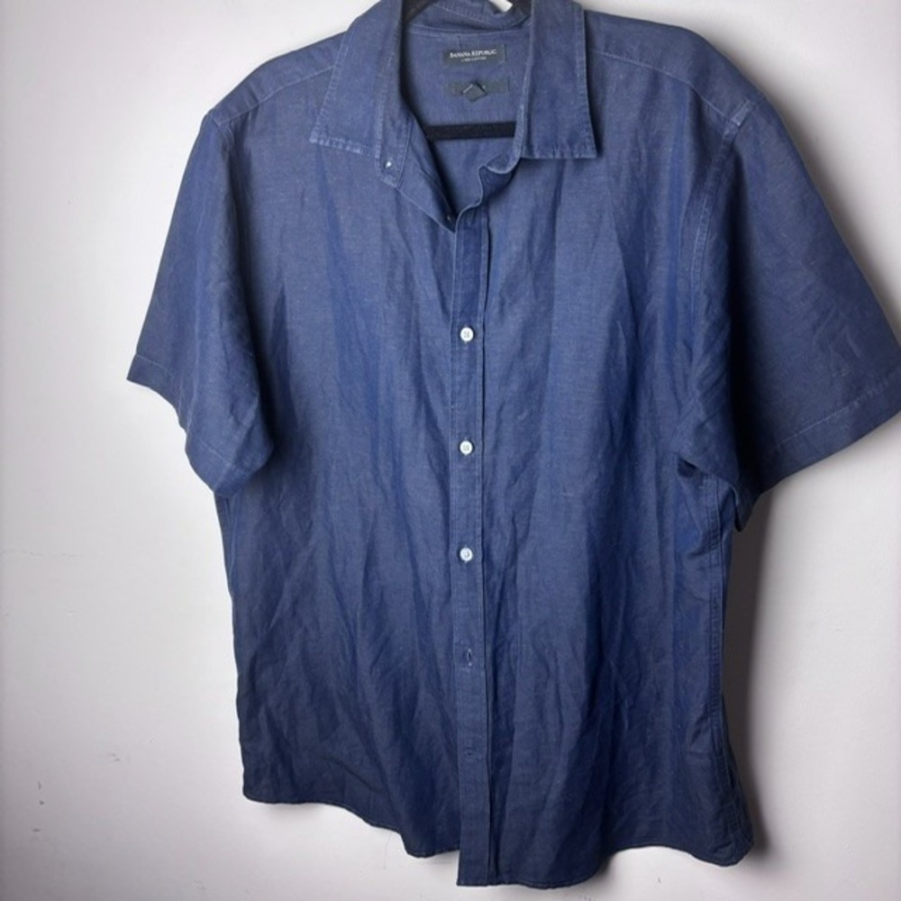 Mens XL Banana Republic Button-Up‎ Shirt Blue Linen Short Sleeve Slim Fit Modern